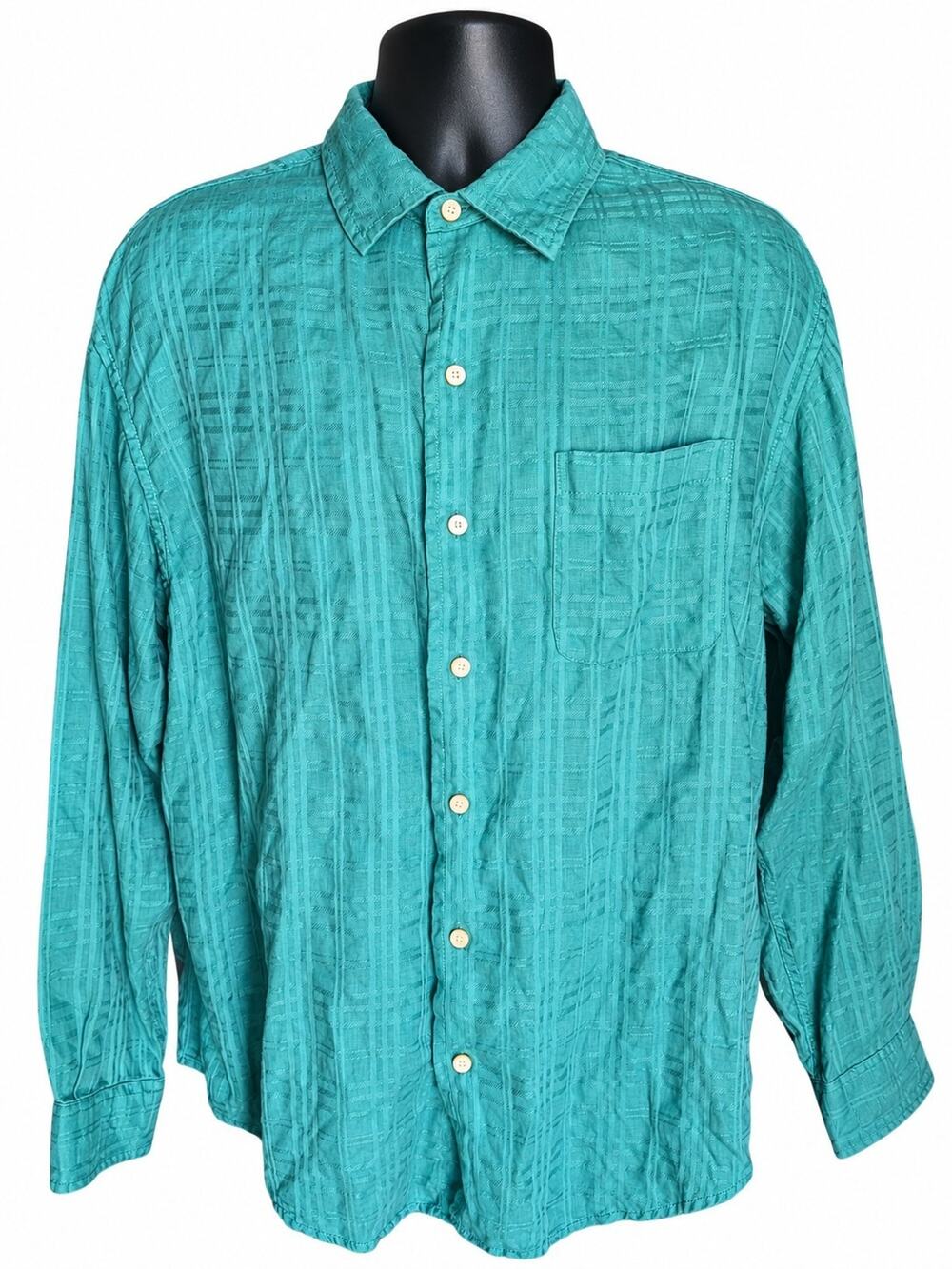 Caribbean Mens L Solid Green Linen Cotton Woven Long Sleeve Point Collar Shirt